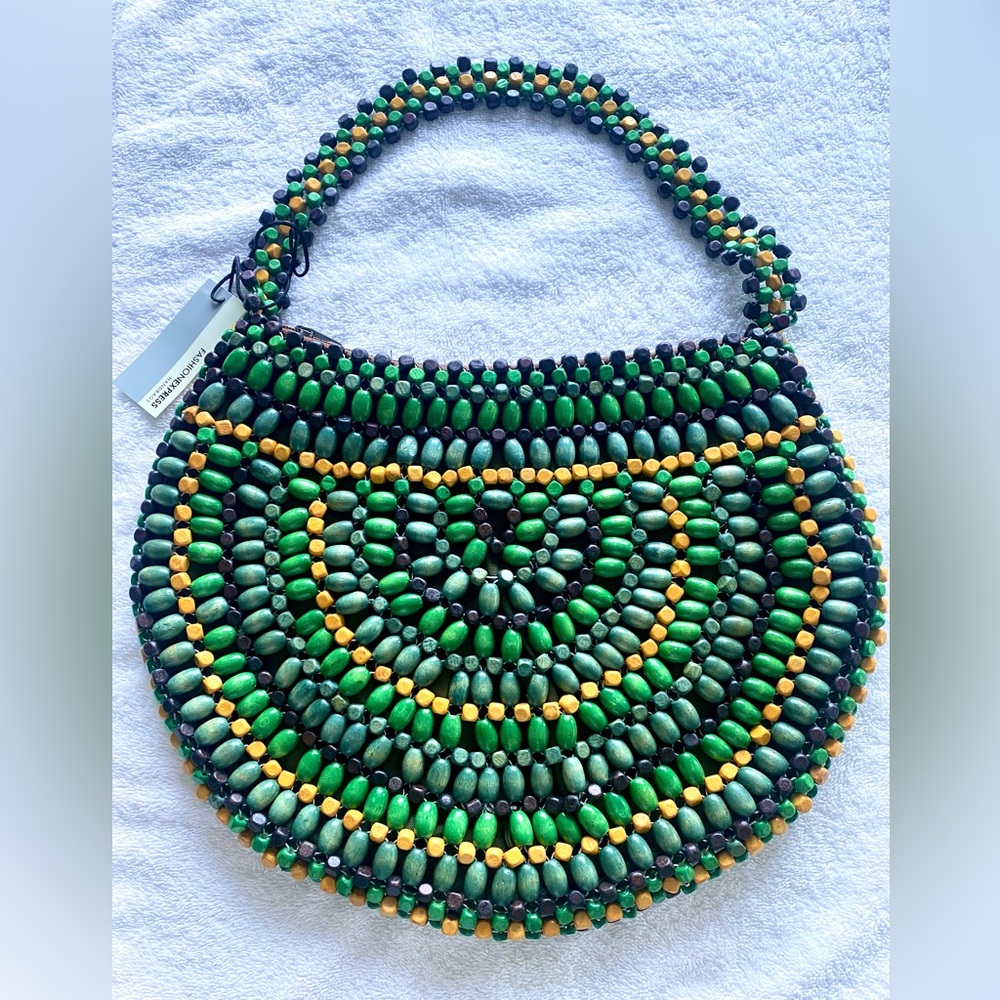 🎁‎ NWT Handcrafted Vintage Boho Multicolor Beaded Green and Yellow Shoulder Bag - Picture 2 of 6